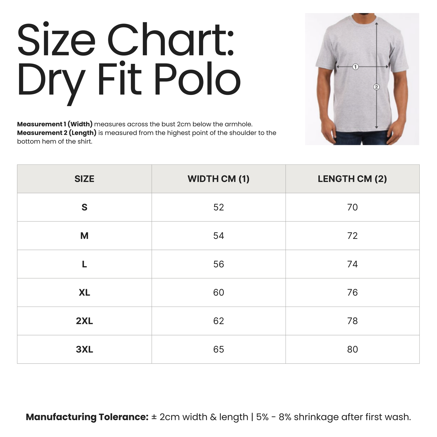 Size chart for Dry Fit Polo shirts with a man wearing a shirt and measurement details.