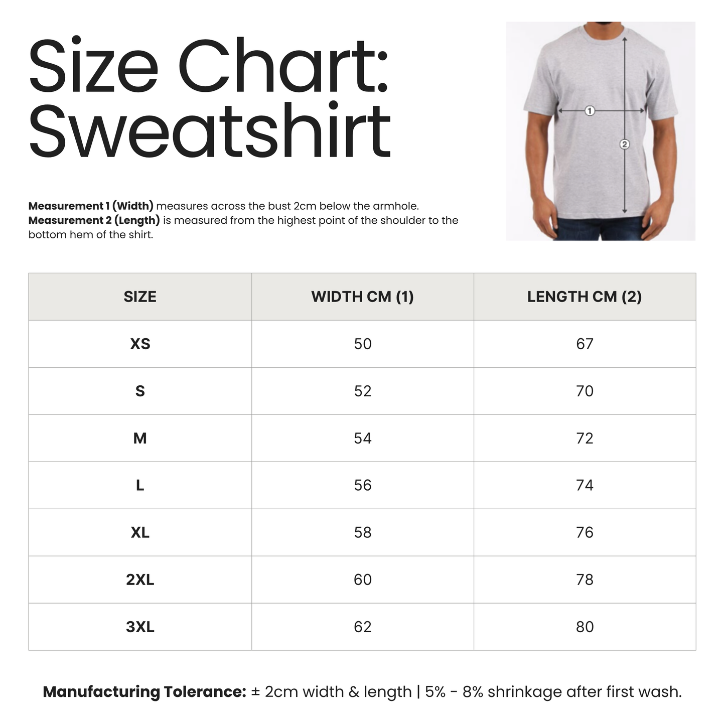 A size chart for a sweatshirt showing a small inset of a person wearing a light gray t-shirt with measurement lines, plus a measurement table listing sizes XS through 3XL with width and length in centimeters.