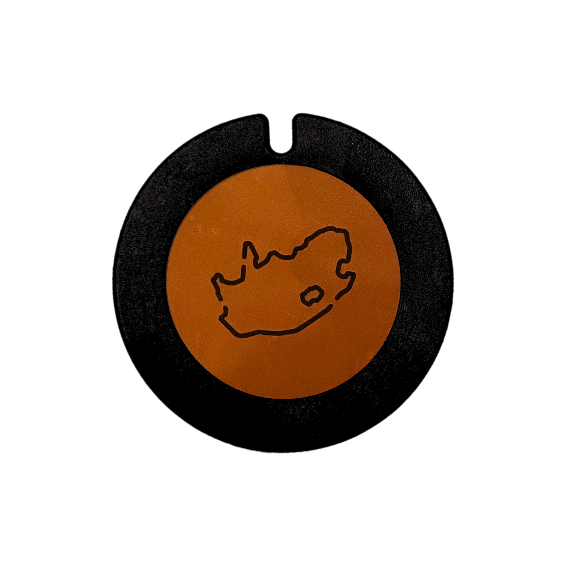 Black plastic license disk holder with genuine leather patch featuring an outline of South Africa