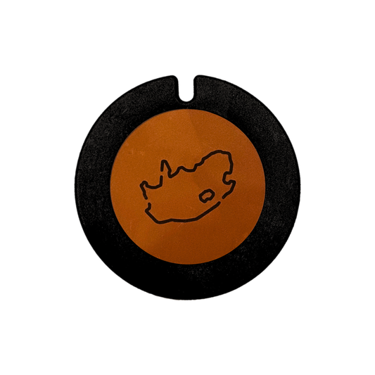 Black plastic license disk holder with genuine leather patch featuring an outline of South Africa