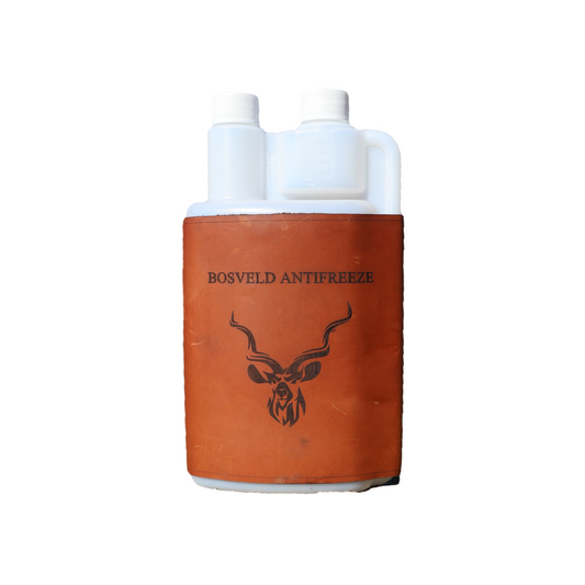 1 liter plastic squeezye bottle with genuine leather sleeve engraved with "Bosveld Antifreeze" text and kudu design, on white background