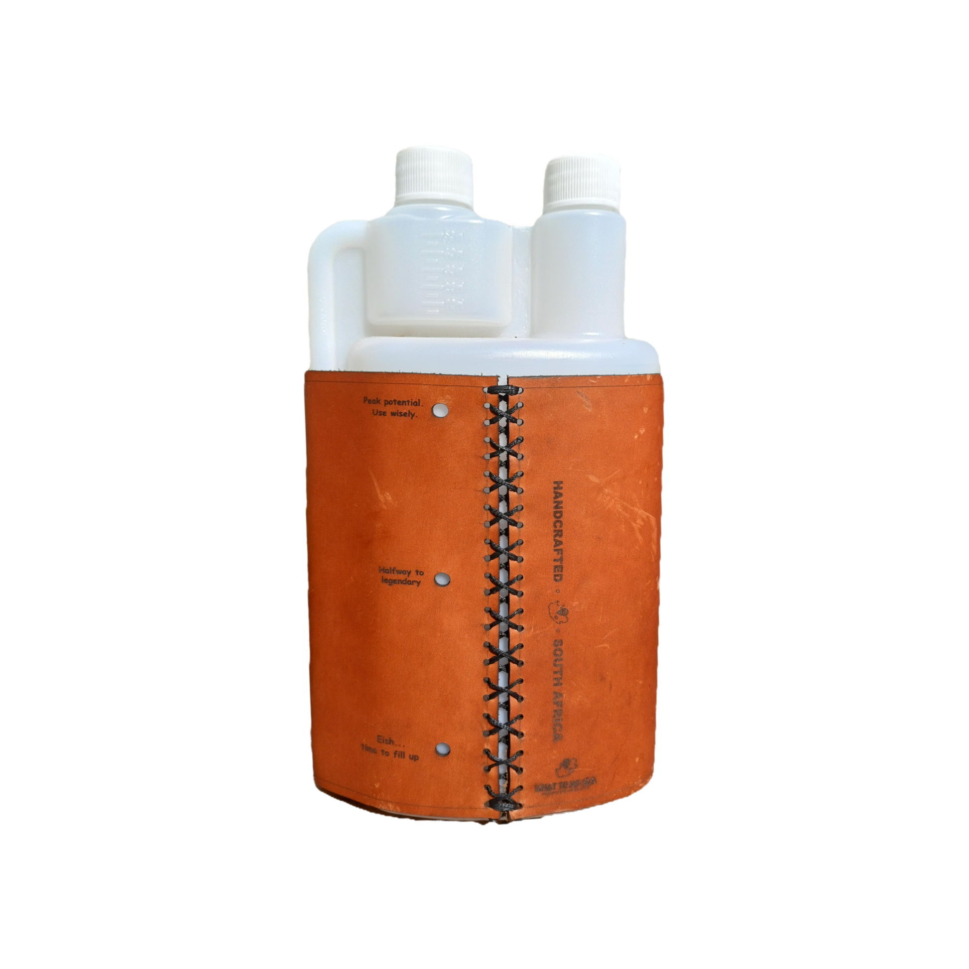Back view of 1L squeezy bottle showing brown leather sleeve stitched in a black cross pattern, on white background