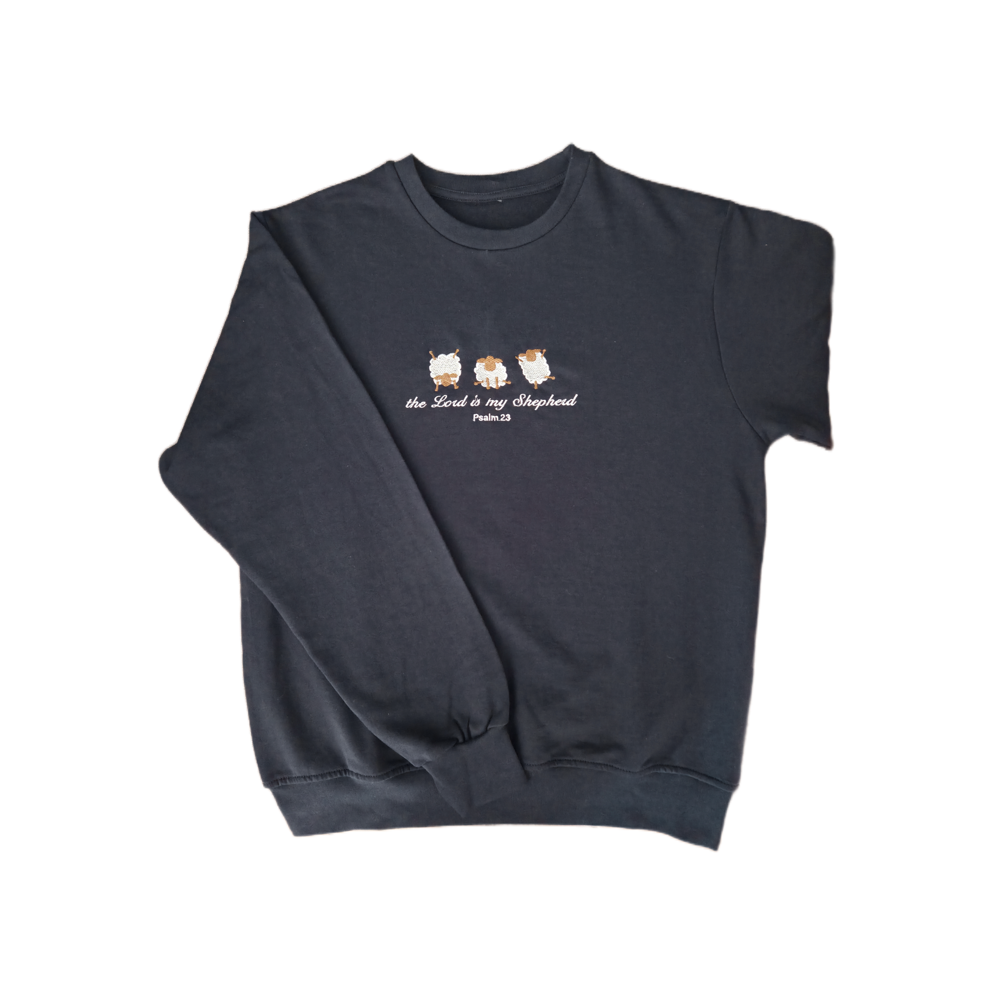 Full front view of a navy blue crewneck sweatshirt with high-quality custom embroidery of 3 fluffy white and brown sheep above the scriptures "the Lord is my Shepherd Psalm 23" in white thread.