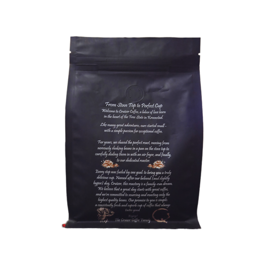 Black coffee bag with text on a white background