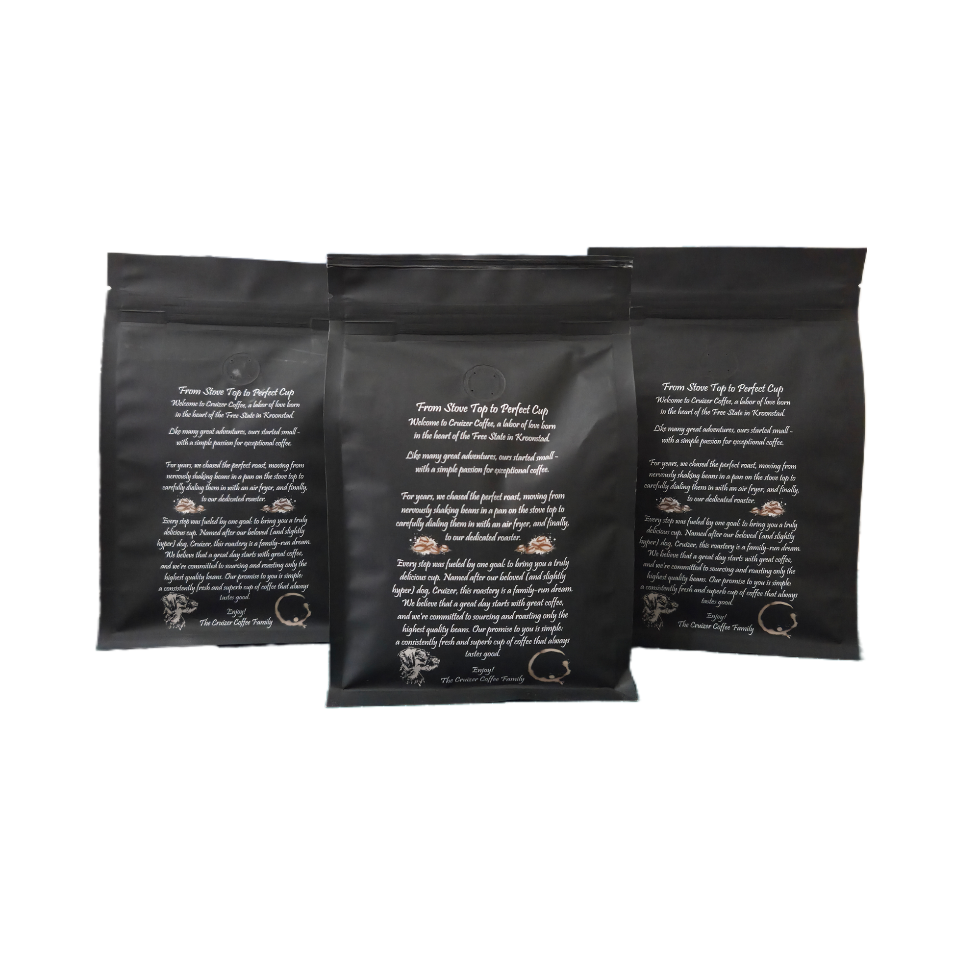 Back of Cruizer Koffie 250g bags detailing roastery story and Kroonstad Free State origins.
