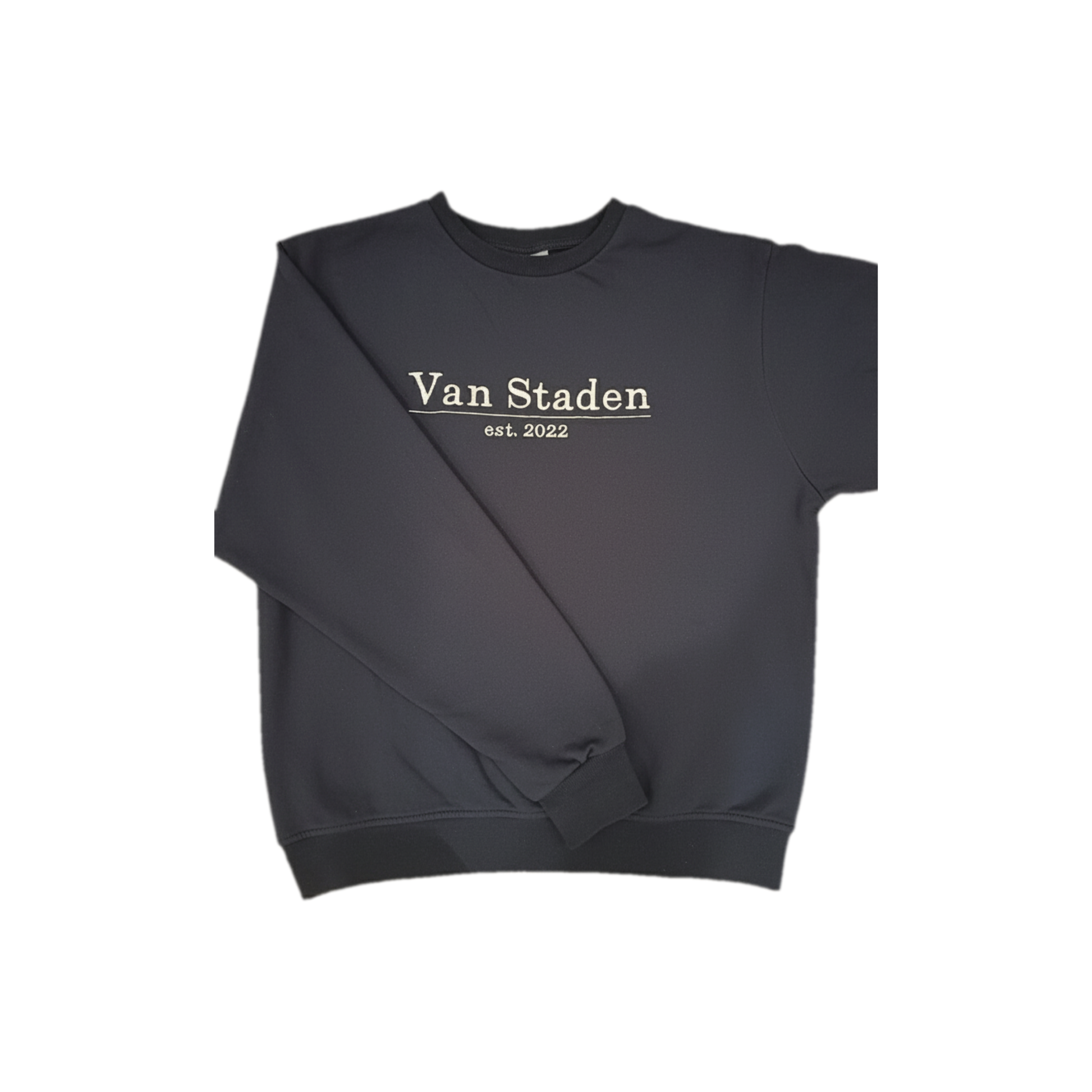 Navy sweatshirt laid flat with one sleeve folded across the body to show width and length, featuring personalised white embroidered surname and established date