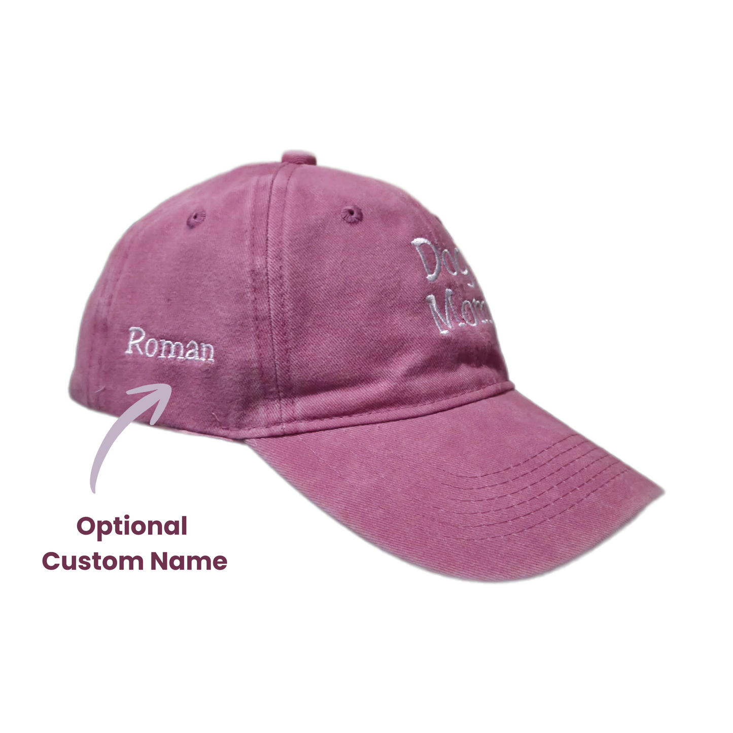 Close-up of pink Dog Mom embroidered baseball cap showing optional customisable dog name on the side