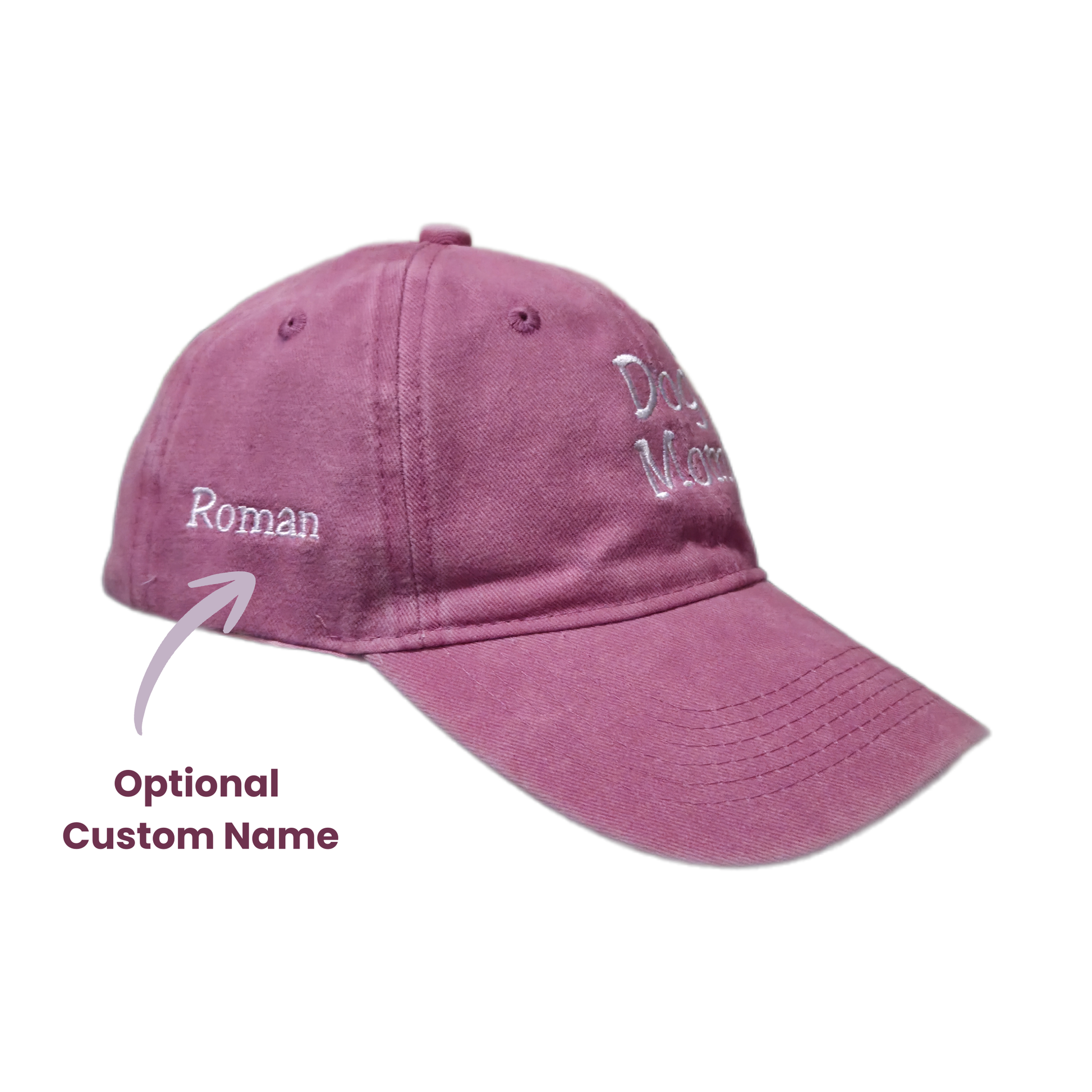 Close-up of pink Dog Mom embroidered baseball cap showing optional customisable dog name on the side