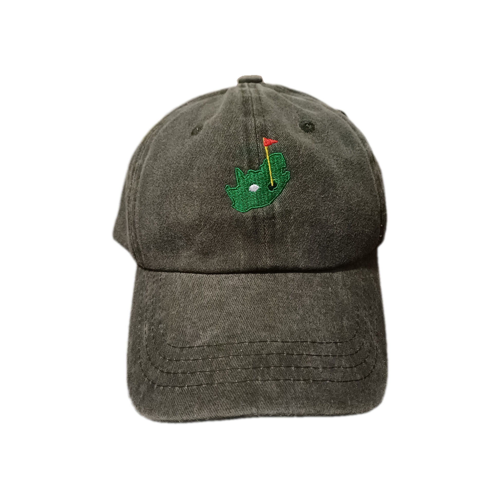 Front view of light grey 6-panel baseball cap with South Africa-shaped golf green embroidery, including golf hole, flag, and golf ball