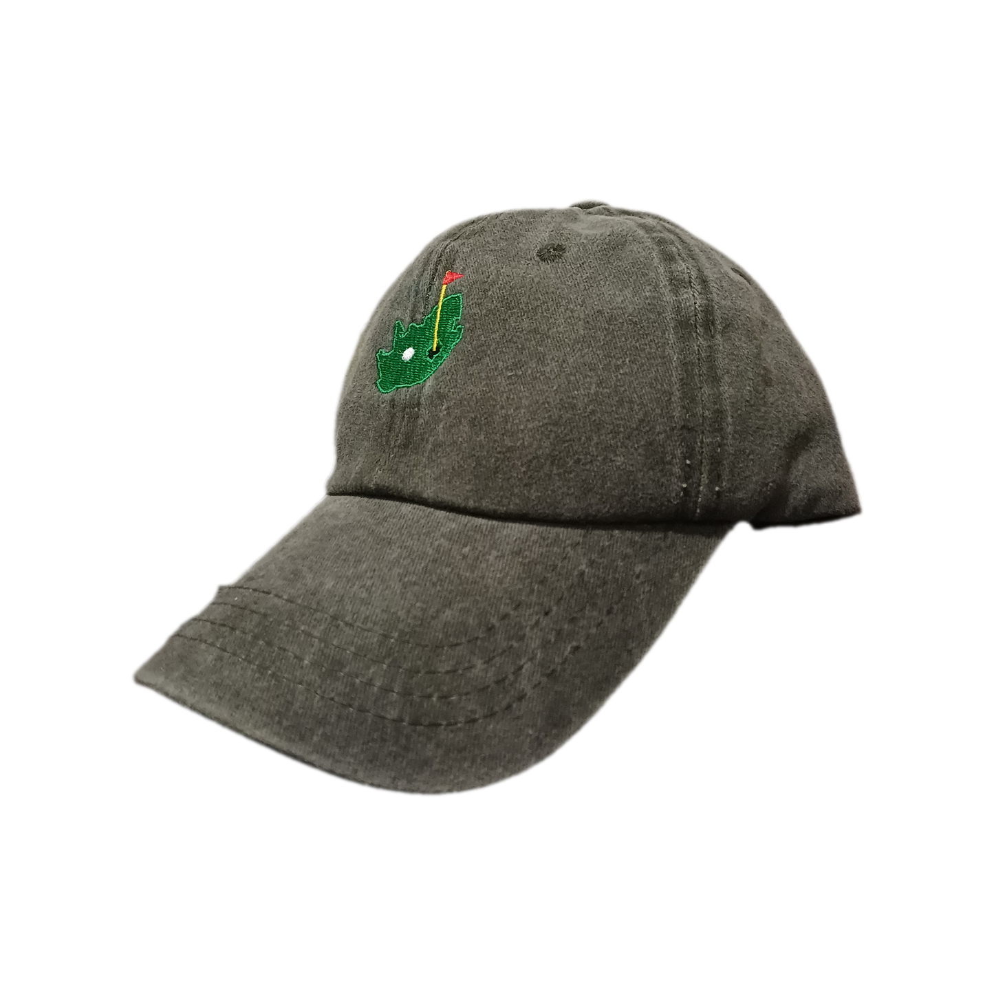 Angled view of light grey 6-panel baseball cap showing South Africa-shaped golf green embroidery with golf hole, flag, and golf ball