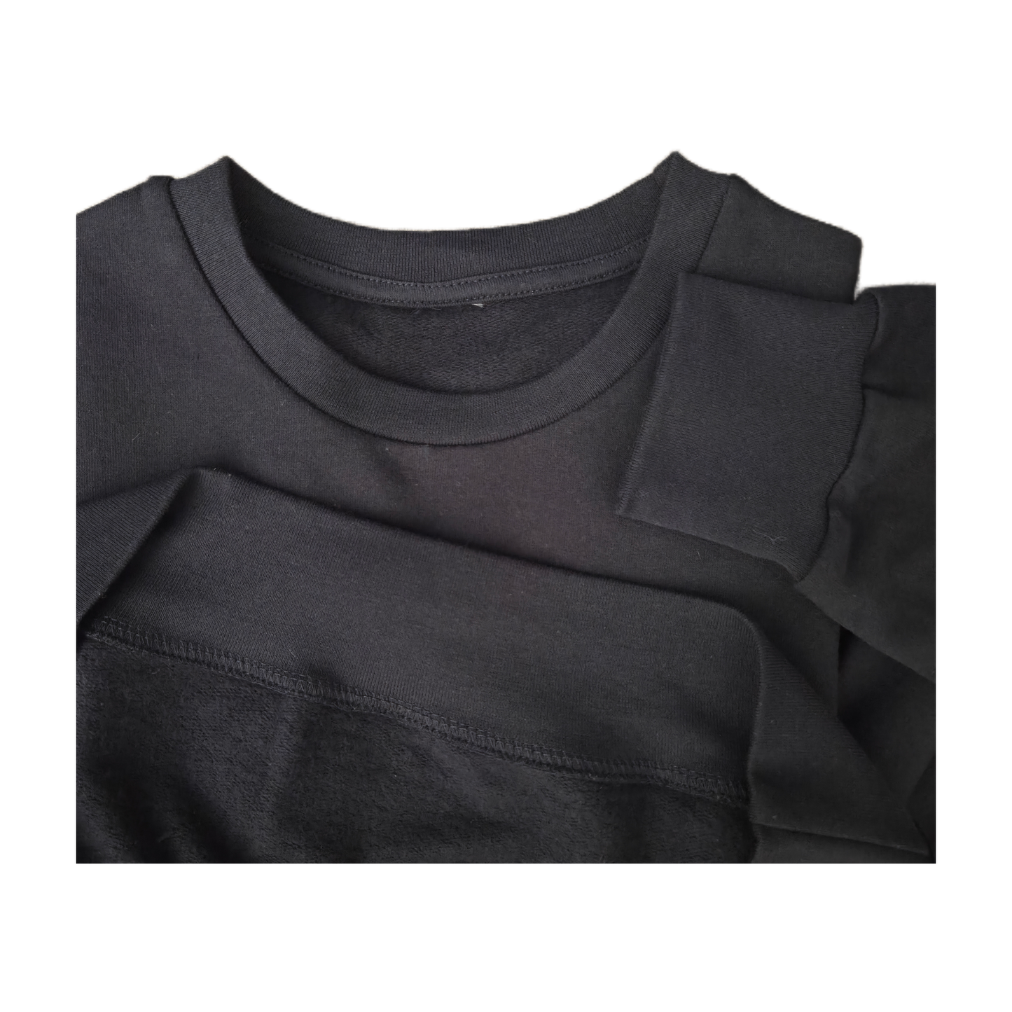 Detailed product shot highlighting the premium quality construction, ribbed collar, sleeve cuff, and soft, warm fleece inner lining of the navy blue christian sweatshirt.
