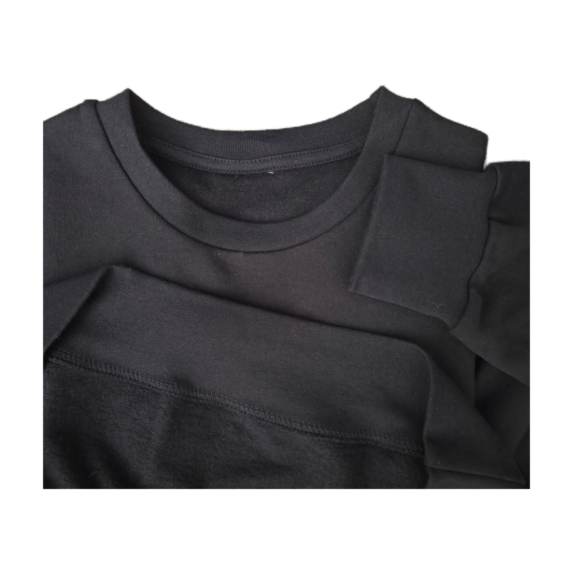 Detailed product shot highlighting the premium quality construction, ribbed collar, sleeve cuff, and soft, warm fleece inner lining of the navy blue christian sweatshirt.