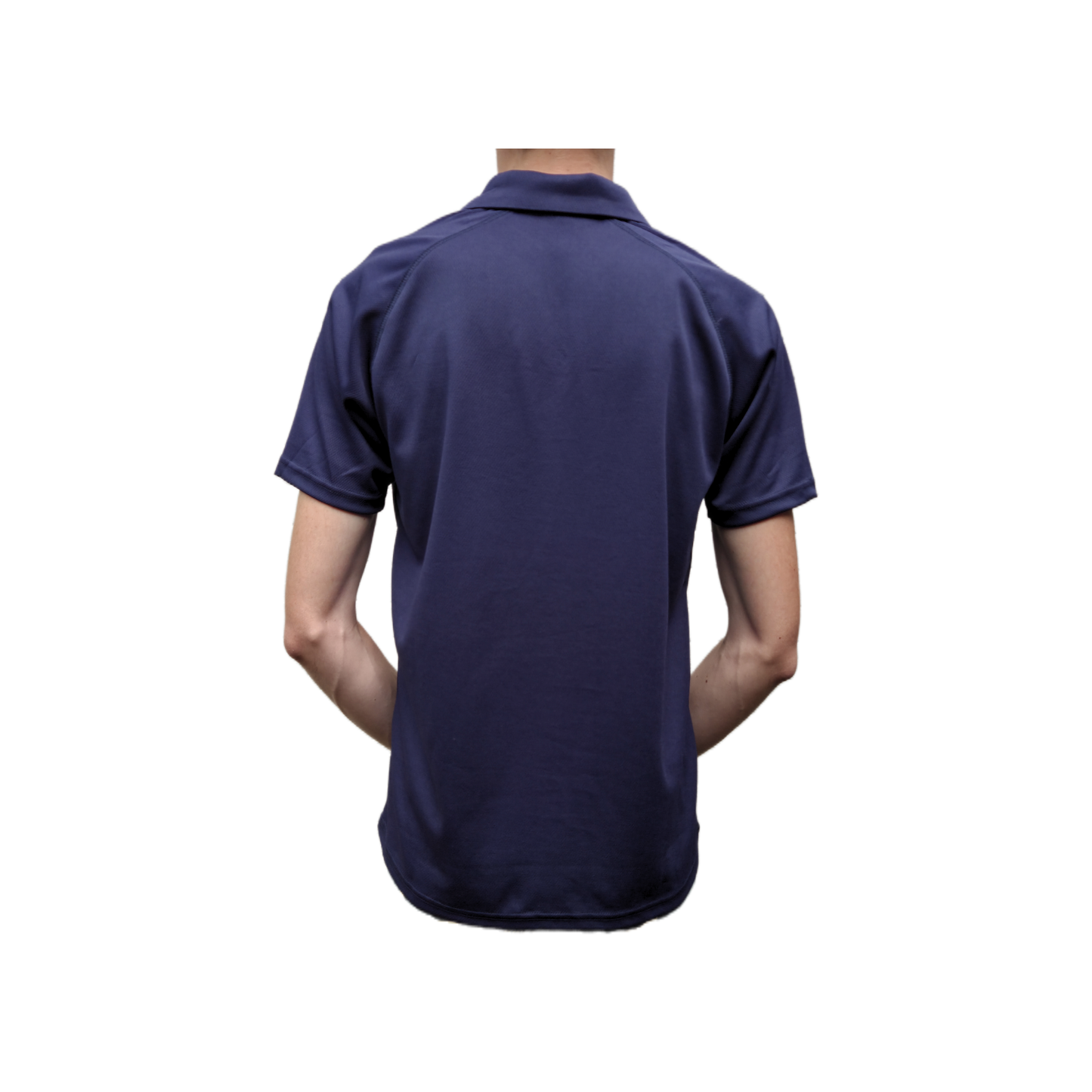 Back view of navy dry-fit golf polo shirt showing raglan sleeve design and athletic fit.