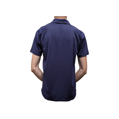 Back view of navy dry-fit golf polo shirt showing raglan sleeve design and athletic fit.