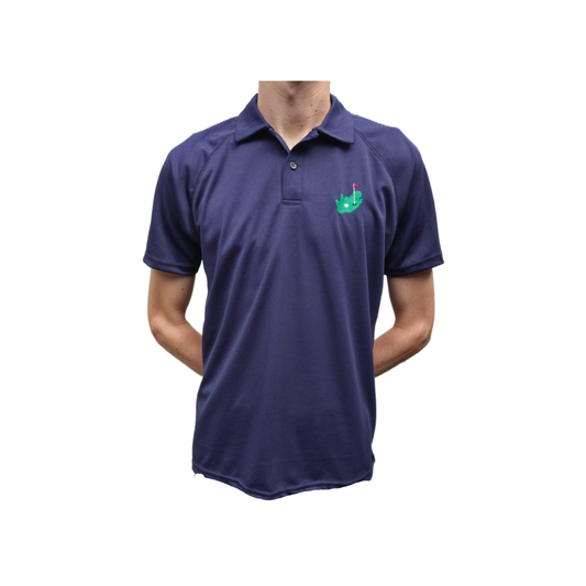Front view of navy dry-fit golf polo with South Africa green embroidery on left chest, worn by male model.