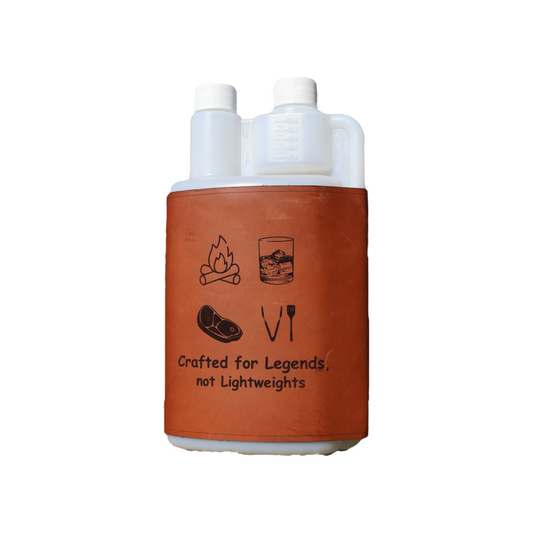 1L plastic squeezy bottle with brown leather sleeve featuring camping or braai-themed illustrations, on white background