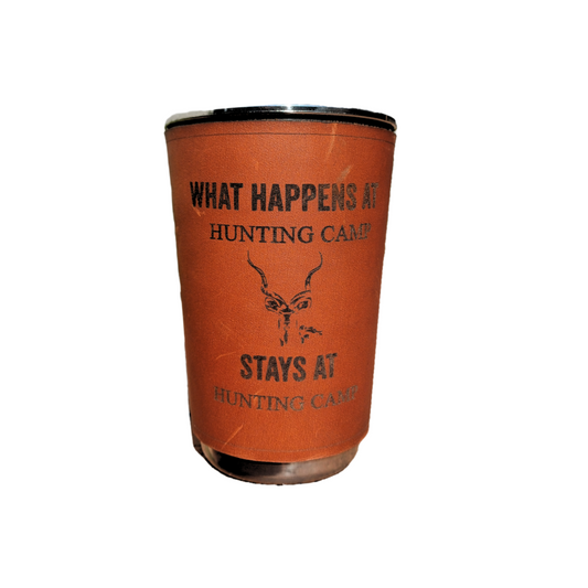 400ml stainless steel glass with leather sleeve engraved with “What Happens at Hunting Camp Stays at Hunting Camp” and kudu design, on white background.